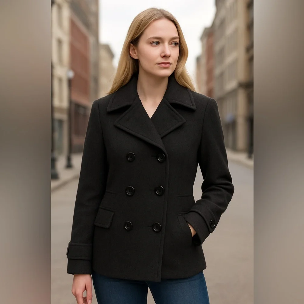 St. John's Bay Charcoal Double-Breasted Pea Coat S Party Cocktail‎ Preppy Basic